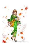  1girl autumn_leaves basket breasts brown_hair choker cleavage company_name full_body green_kimono highres japanese_clothes kimono leaf long_hair looking_at_viewer medium_breasts official_art romancing_saga_re;universe rubber_duck sandals simple_background solo standing taku_(fishdrive) towel very_long_hair watermark wet white_background wide_sleeves wind 
