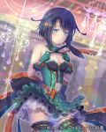  1girl animal_ears black_hair blue_eyes blurry blurry_background bow breasts cleavage company_name detached_collar dress fake_animal_ears falkyrie_no_monshou frilled_legwear gloves green_dress green_gloves green_legwear hair_ornament indoors looking_at_viewer medium_breasts medium_hair navel navel_cutout official_art red_bow solo soukuu_kizuna standing thighhighs watermark 