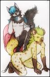  2019 absurd_res anthro beauty_mark blue_body blue_fur blue_hair canid canine canis collar domination duo fur green_hair grey_body grey_fur hair hi_res hyaenid leash looking_at_viewer male male/male male_domination mammal mohawk_(hairstyle) naiarts001 nude smile spots spotted_hyena traditional_media_(artwork) uwubanana wolf wolvar yellow_body yellow_fur 