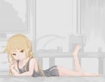  1girl barefoot black_shirt black_shorts blonde_hair casual commentary_request drinking_straw full_body indoors kantai_collection logiclr long_hair looking_at_viewer lying on_stomach pitcher satsuki_(kantai_collection) shirt short_shorts shorts sleeveless solo table tank_top twintails yellow_eyes 