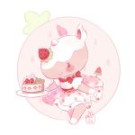  2018 animal_crossing anthro blush bow cake clothing dress female food food_creature fruit holding_(disambiguation) mammal merengue_(animal_crossing) mimillie nintendo plant plate rhinocerotoid simple_background smile solo strawberry video_games whipped_cream white_background white_clothing white_dress 