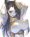  1girl absurdres armpits arms_behind_head arms_up biceps black_hair breasts covered_nipples gougasha_akira highres large_breasts looking_at_viewer metallic_skin muscle muscular_female parted_lips seth_(street_fighter) simple_background smile solo street_fighter street_fighter_v yellow_eyes 