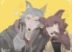  2019 5_fingers ? anthro beastars brown_body brown_fur camera_view canid canine canis clothed clothing duo female fingers fur gesture grey_body grey_fur holy_j18 hoodie juno_(beastars) legosi_(beastars) male mammal multicolored_body multicolored_fur simple_background smile topwear two_tone_body two_tone_fur v_sign wolf 
