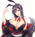  1girl :q animal_ears bare_shoulders black_baccara_(flower_knight_girl) black_hair black_kimono breasts bunny_ears cleavage detached_collar flower_knight_girl frills hair_intakes highres huge_breasts japanese_clothes kimono long_hair looking_at_viewer piyoyanagi purple_eyes simple_background smile solo tongue tongue_out upper_body white_background 
