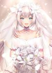  1girl :d bangs bare_shoulders blue_eyes blush bouquet collarbone commentary_request dress eyebrows_visible_through_hair fate/grand_order fate_(series) flower hair_flower hair_ornament holding holding_bouquet kagachi_saku long_hair looking_at_viewer marie_antoinette_(fate/grand_order) off-shoulder_dress off_shoulder open_mouth petals rose see-through sidelocks silver_hair smile solo sparkle tiara twintails veil very_long_hair white_dress white_flower white_rose 