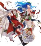  1boy 1girl arrow bag bell blue_eyes blue_hair boots bow bow_(weapon) brother_and_sister cape christmas christmas_ornaments elice_(fire_emblem) fingerless_gloves fire_emblem fire_emblem:_mystery_of_the_emblem fire_emblem_heroes fur_trim gift gloves highres leaf long_hair marth_(fire_emblem) mayo_(becky2006) official_art one_eye_closed open_mouth praying siblings teeth tiara torn_clothes transparent_background weapon 
