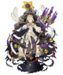  1girl barefoot blonde_hair bow briar_rose_(sinoalice) candlestand capelet christmas_ornaments expressionless frills full_body half-closed_eyes ji_no looking_at_viewer official_art one_eye_closed short_hair sinoalice solo thorns transparent_background yellow_eyes 