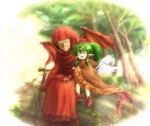  1boy 1girl bantu_(fire_emblem) cape closed_eyes dragon_wings feathered_wings fire_emblem fire_emblem:_mystery_of_the_emblem green_hair hair_ornament hand_on_another&#039;s_head hood jewelry long_hair long_sleeves manakete old_man open_mouth pointy_ears ponytail red-50869 shoes sitting sitting_on_log smile staff tiara tiki_(fire_emblem) tree wings 