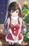  1girl bare_arms bare_shoulders black_legwear blue_eyes box braid breasts brown_hair christmas christmas_lights christmas_tree cleavage collarbone cuna_(qunya) dress fur_collar garter_straps gift gift_box gloves highres holding_hands indoors lace_trim long_hair looking_at_viewer medium_breasts open_mouth original red_dress santa_costume sleeveless sleeveless_dress smile solo strapless strapless_dress thighhighs white_gloves window zettai_ryouiki 
