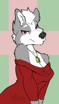  absurd_res acethebigbadwolf breasts canid canine canis cleavage clothed clothing crop_top digital_media_(artwork) eyelashes female hi_res jewelry lexi long_eyelashes looking_at_viewer mammal necklace red_eyes shirt simple_background topwear wolf 
