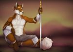  4_toes 5_fingers anthro brown_body brown_fur canid canine clothed clothing fingers fox fur holding_object holding_sword holding_weapon lycangel male mammal melee_weapon sitting solo sword toes topless weapon yellow_eyes 