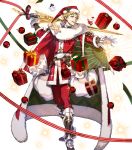  1boy alternate_costume bag bell belt blonde_hair boots bow cape christmas christmas_ornaments fire_emblem fire_emblem:_the_blazing_blade fire_emblem_heroes fox fujisaka_kimihiko full_body fur_trim gift gloves hat highres leaf official_art open_mouth santa_costume santa_hat solo sparkle stuffed_fox sword teeth transparent_background weapon yellow_eyes younger zephiel_(fire_emblem) 