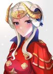  1girl blush breasts cape closed_mouth commentary_request curled_horns double_bun dress edelgard_von_hresvelg epaulettes fire_emblem fire_emblem:_three_houses gradient gradient_background grey_background headpiece highres horns long_hair looking_at_viewer medium_breasts purple_eyes red_cape red_dress satoimo_chika sidelocks silver_hair solo upper_body white_background 