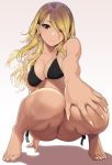  1girl bare_arms bare_legs bare_shoulders barefoot bikini black_bikini blonde_hair breasts brown_eyes brown_hair dark_skin earrings eyebrows_visible_through_hair eyes_visible_through_hair foreshortening gradient_hair gyaru highres hoop_earrings idolmaster idolmaster_shiny_colors izumi_mei jewelry medium_breasts midriff multicolored_hair partially_visible_vulva side-tie_bikini smile solo squatting sunaba_suzume swimsuit tan thighs 