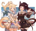  2girls absurdres animal_ears belt black_legwear black_skirt blue_eyes blush brown_hair cat_ears cat_tail cloud cloudy_sky facial_mark fang final_fantasy final_fantasy_xiv fur_trim highres key long_hair miqo&#039;te mole mole_under_mouth multiple_girls open_mouth pink_eyes ponytail rosette_(yankaixuan) signature skirt sky smile tail thighhighs waving white_background white_legwear 