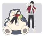  ... 2boys barefoot black_hair blue_background brown_hair closed_eyes father_and_son from_behind full_body gen_3_pokemon hand_on_own_chin hat jacket maccha_(mattya_xxxx) multiple_boys open_clothes open_jacket pokemon pokemon_(creature) pokemon_(game) pokemon_oras senri_(pokemon) short_sleeves simple_background snorlax socks spoken_ellipsis standing stuffed_animal stuffed_toy thinking treecko yuuki_(pokemon) 