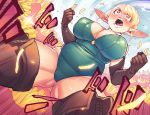  1girl absurdres blonde_hair blue_sky boots breasts cameltoe clenched_hands elf elf-san_wa_yaserarenai. emphasis_lines erufuda-san food french_fries gofa highres leotard open_mouth plump pointy_ears sky solo spread_legs tears teeth thick_thighs thigh_boots thighhighs thighs 