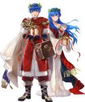  1boy 1girl bag bell blue_eyes blue_hair boots bow brother_and_sister cape christmas christmas_ornaments elice_(fire_emblem) fingerless_gloves fire_emblem fire_emblem:_mystery_of_the_emblem fire_emblem_heroes fur_trim gift gloves highres leaf long_hair marth_(fire_emblem) mayo_(becky2006) official_art open_mouth siblings teeth tiara transparent_background 