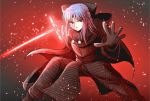  1girl blue_hair bow cape cosplay empty_eyes energy_sword first_order gloves hair_bow half_updo hood kagetsu_tooya kylo_ren kylo_ren_(cosplay) len lightsaber long_hair long_sleeves looking_at_viewer melty_blood meme parody pointy_ears purple_hair red_eyes ribbon science_fiction sith solo star_wars star_wars:_the_force_awakens sword tsukihime typeakiha73 weapon 