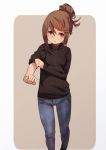  1girl blush brown_eyes brown_hair denim fu-ta hair_ornament hairclip jeans open_eyes original pants ponytail simple_background solo standing sweater turtleneck turtleneck_sweater usami_taiga 