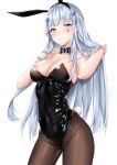  1girl absurdres animal_ears bangs bare_shoulders black_leotard blunt_bangs blush bow bowtie breasts bunny_ears bunny_tail bunnysuit cleavage coffeedog detached_collar eyebrows_visible_through_hair facial_mark fake_animal_ears girls_frontline green_eyes hair_ornament hands_up highres hk416_(girls_frontline) large_breasts leotard long_hair looking_at_viewer open_mouth pantyhose silver_hair simple_background solo tail teardrop very_long_hair white_background wrist_cuffs 