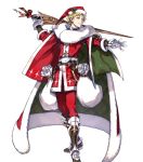  1boy alternate_costume bag bell belt blonde_hair boots bow cape christmas christmas_ornaments fire_emblem fire_emblem:_the_blazing_blade fire_emblem_heroes fox fujisaka_kimihiko full_body fur_trim gloves hat highres leaf official_art santa_costume santa_hat solo stuffed_fox sword transparent_background weapon yellow_eyes younger zephiel_(fire_emblem) 