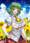  1girl arm_at_side artist_logo ascot bangs bare_arms blouse blue_sky blurry blurry_background breasts collared_blouse covered_nipples cowboy_shot day flower frilled_blouse frills green_hair hand_on_hip impossible_clothes kazami_yuuka large_breasts light_smile looking_at_viewer medium_hair nipples no_bra outdoors parted_lips plaid plaid_skirt puffy_short_sleeves puffy_sleeves red_eyes ringed_eyes see-through short_sleeves skirt sky solo sunflower touhou umigarasu_(kitsune1963) unaligned_breasts white_blouse wing_collar yellow_neckwear 
