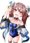  1girl bangs blue_swimsuit blush brown_eyes brown_hair choker collarbone cosplay eyebrows_visible_through_hair eyelashes fang flat_chest hair_ribbon highres jacket jewelry johnston_(kantai_collection) johnston_(kantai_collection)_(cosplay) kantai_collection kirigakure_(kirigakure_tantei_jimusho) long_hair magatama off_shoulder one-piece_swimsuit open_mouth ribbon ryuujou_(kantai_collection) see-through see-through_sleeves simple_background skin_fang solo star swimsuit twintails white_background 