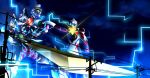  2boys acceptor circuit_board commentary crossover galactic_small_yellow giant glowing glowing_eyes glowing_lines gridman_(ssss) gridman_calibur highres holding holding_sword holding_weapon huge_weapon long_sword multiple_boys night night_sky no_pupils sky ssss.gridman sword tokusatsu ultra_series ultraman_x ultraman_x_(series) weapon yellow_eyes 