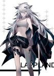  1girl :d animal_ears arknights bandeau bangs bare_legs bare_shoulders black_jacket black_shorts breasts camisole character_name chinese_commentary commentary_request feet_out_of_frame grey_eyes hair_between_eyes hair_ornament hairclip highres jacket lappland_(arknights) long_hair looking_at_viewer medium_breasts midriff navel off_shoulder open_mouth scar scar_across_eye short_shorts shorts silver_hair simple_background smile solo spaghetti_strap standing stomach thighs white_background wolf_ears yasato 