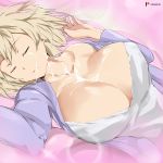  1girl bakugou_mitsuki bangs blonde_hair boku_no_hero_academia breasts cafekun cleavage closed_eyes collarbone hair_between_eyes highres jacket large_breasts long_sleeves milk off_shoulder open_clothes open_jacket purple_jacket sexually_suggestive short_hair sleeping solo spiked_hair suggestive_fluid white_camisole 