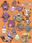  &gt;_&lt; &gt;o&lt; ._. 2027_(submarine2027) :3 ^_^ alternate_color bat blue_eyes cane chandelure chibi closed_eyes commentary_request crescent drifloon dusknoir duskull fangs fire flying_sweatdrops gen_1_pokemon gen_2_pokemon gen_3_pokemon gen_4_pokemon gen_5_pokemon gen_6_pokemon gen_7_pokemon gengar giratina grin hat haunter heart highres horn litwick mega_banette mimikyu misdreavus mismagius necktie no_humans notice_lines one_eye_closed open_mouth orange_background pokemon pokemon_(creature) red_eyes red_sclera rotom shaded_face shiny_pokemon shuppet smile teeth tongue tongue_out top_hat v yamask yellow_eyes yellow_sclera zipper 
