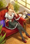  1girl ;) ahoge bangs black_legwear black_skirt blonde_hair book bow breasts cake closed_mouth couch crossed_legs cup eyebrows_visible_through_hair fate/grand_order fate_(series) food fork frilled_skirt frilled_sleeves frills fruit full_body green_eyes hair_bun hair_intakes hair_ribbon high_heels holding holding_cup hoodier indoors jewelry long_sleeves looking_at_viewer medium_breasts necklace nero_claudius_(fate) nero_claudius_(fate)_(all) on_couch one_eye_closed pantyhose pillow plant plate potted_plant red_bow red_footwear red_ribbon ribbon saucer shirt sitting skirt slice_of_cake smile solo strawberry white_shirt wide_sleeves window wooden_floor 
