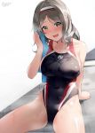  1girl black_swimsuit blue_towel breasts collarbone commentary_request competition_swimsuit cowboy_shot eyebrows_visible_through_hair girls_frontline grey_eyes grey_hair hairband highleg highleg_swimsuit highres k3_(girls_frontline) large_breasts long_hair looking_at_viewer medium_hair one-piece_swimsuit shirosaba simple_background sitting smile solo sweat swimsuit towel white_background white_hairband 