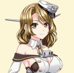  1girl beige_background breasts brown_eyes brown_hair cleavage commentary_request detached_collar eyebrows_visible_through_hair headgear houston_(kantai_collection) kantai_collection karuna_(madlax) large_breasts long_hair long_sleeves looking_at_viewer off_shoulder short_hair simple_background solo tight_top 