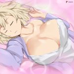  1girl bakugou_mitsuki bangs blonde_hair boku_no_hero_academia breasts cafekun cleavage closed_eyes collarbone hair_between_eyes highres jacket large_breasts long_sleeves off_shoulder open_clothes open_jacket purple_jacket short_hair sleeping solo spiked_hair white_camisole 