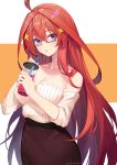  1girl ahoge bangs blouse blue_eyes blush breasts brown_skirt cleavage collarbone cup eyebrows_visible_through_hair glasses go-toubun_no_hanayome hair_between_eyes hair_ornament holding holding_cup large_breasts long_hair looking_at_viewer nakano_itsuki off-shoulder_blouse open_mouth red_hair sakanasoko skirt solo star star_hair_ornament 