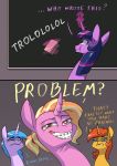  2019 absurd_res braces chalkboard comic english_text equid equine eyelashes feathers female feral friendship_is_magic group hi_res horn looking_at_viewer luster_dawn_(mlp) magic mammal meme my_little_pony text trollface twilight_sparkle_(mlp) underpable unicorn wings young 