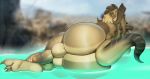  anthro balls bathing bethesda_softworks big_butt butt deathclaw fallout huge_butt humanoid_penis justmegabenewell looking_at_viewer looking_back male nude penis presenting radioactive solo video_games water yellow_eyes 