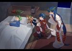  1girl 2boys bed blue_hair book boots box brother_and_sister closed_eyes closed_mouth dress earrings elice_(fire_emblem) finger_to_mouth fingerless_gloves fire_emblem fire_emblem:_mystery_of_the_emblem fire_emblem_heroes from_side fur_trim gift gift_box gloves green_hair highres holding jewelry kyufe long_hair long_sleeves marth_(fire_emblem) merric_(fire_emblem) multiple_boys one_knee parted_lips pillow short_hair short_sleeves shushing siblings sleeping tiara 