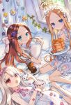  3girls abigail_williams_(fate/grand_order) bangs blonde_hair blue_eyes blush bow braid breasts brown_hair cake cleavage_cutout closed_mouth cookie dress fate/grand_order fate_(series) feet flower food forehead fork french_braid hair_bow hairband legs leonardo_da_vinci_(fate/grand_order) leonardo_da_vinci_(rider)_(fate) long_hair long_sleeves looking_at_viewer lying maid_headdress multiple_girls neck_ribbon nekoremon on_back on_stomach open_mouth pancake parted_bangs pillow plate red_eyes ribbon sidelocks sitonai sitting sleeves_past_fingers sleeves_past_wrists small_breasts smile stuffed_animal stuffed_toy teddy_bear wariza white_bow white_dress white_hair window 