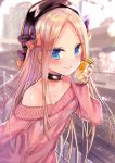  1girl abigail_williams_(fate/grand_order) aran_sweater bangs beret black_bow black_collar black_headwear blonde_hair blue_eyes blurry blurry_background blush bottle bow closed_mouth collar collarbone commentary_request day depth_of_field eyebrows_visible_through_hair fate/grand_order fate_(series) forehead hair_bow hand_up hat holding holding_bottle jin_young-in long_hair long_sleeves off-shoulder_sweater off_shoulder orange_bow outdoors parted_bangs pink_sweater polka_dot polka_dot_bow railroad_tracks sleeves_past_wrists smile solo sweater train_station train_station_platform very_long_hair 