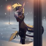  1:1 absurd_res anthro aquatic_dragon armband blonde_hair cold collar dragon fin fingers hair hi_res ladon_(character) legband male marine pointedfox scalie snow tailband winter 