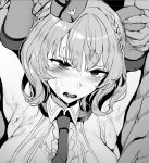  1girl armpits arms_up braid breasts colorado_(kantai_collection) elbow_gloves eyebrows_visible_through_hair garrison_cap gloves hat kantai_collection large_breasts monochrome necktie open_mouth short_hair sideboob solo_focus suggestive_fluid wavy_mouth yukiguni_yuu 