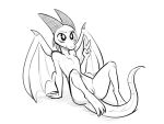  2019 anthro arm_support blush breasts dragon featureless_breasts female fuel_(artist) gesture greyscale hi_res membrane_(anatomy) membranous_wings monochrome nude pussy reclining scalie simple_background small_breasts smile solo spikes spread_wings syl_(enginetrap) v_sign white_background wings 
