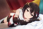  1girl bangs bed bed_sheet black_legwear blush brown_eyes brown_hair elbow_gloves fingerless_gloves gloves hair_ornament ica indoors jewelry kantai_collection lying on_side remodel_(kantai_collection) ring scarf sendai_(kantai_collection) skirt smile solo two_side_up white_scarf 