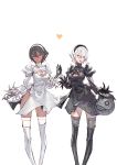  2girls alternate_color black_dress black_hair boots breasts cleavage cropped_legs dark_skin dress dual_persona feather-trimmed_sleeves gloves heart highres holding_hands kazama_raita mask mole mole_under_mouth multiple_girls nier_(series) nier_automata open_mouth player_2 silver_hair simple_background skirt skirt_lift soulcalibur soulcalibur_vi thigh_boots thighhighs thighhighs_under_boots white_dress yorha_no._2_type_b yorha_no._2_type_p 