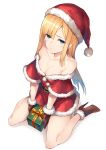  1girl bangs belt blonde_hair blue_eyes blush boots box breasts brown_gloves christmas cleavage closed_mouth collarbone dress fate_(series) fur-trimmed_dress fur_trim gift gift_box gloves hat high_heel_boots high_heels highres long_hair looking_at_viewer lord_el-melloi_ii_case_files off-shoulder_dress off_shoulder red_dress reines_el-melloi_archisorte santa_costume santa_hat simple_background sitting small_breasts solo wariza white_background yuuuuu 