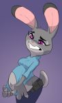  2019 anthro belly belt big_belly clothed clothing disney female fur grey_body grey_fur judy_hopps krystalvix_(artist) lagomorph leporid long_ears mammal navel outie_navel pregnant purple_eyes rabbit tugging zootopia 