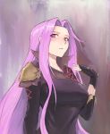  1girl absurdres arqa black_gloves commentary english_commentary fate/stay_night fate_(series) final_fantasy final_fantasy_xiv fingerless_gloves gloves hair_intakes highres long_hair looking_at_viewer medusa_(shingeki_no_bahamut) parted_lips purple_eyes purple_hair rider solo very_long_hair 